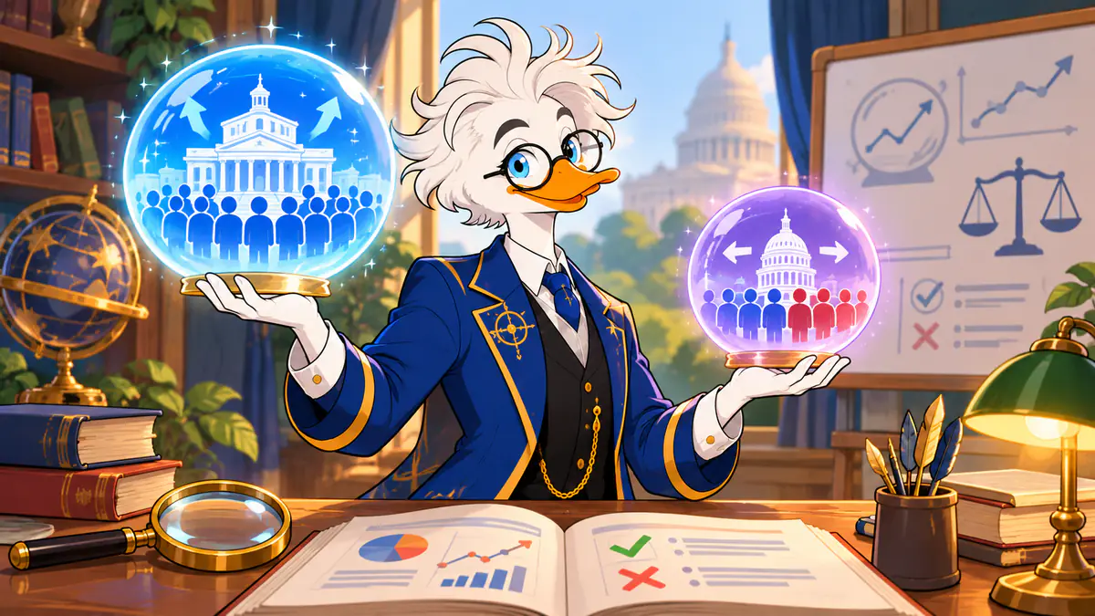 Professor Quackstradamus holding two glowing crystal balls of the US Capitol, weighing up 2026 midterm election markets