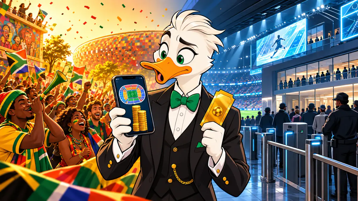 Mr. Quackington holding a phone and a gold ticket between cheering 2010 World Cup fans and a modern 2026 stadium gate