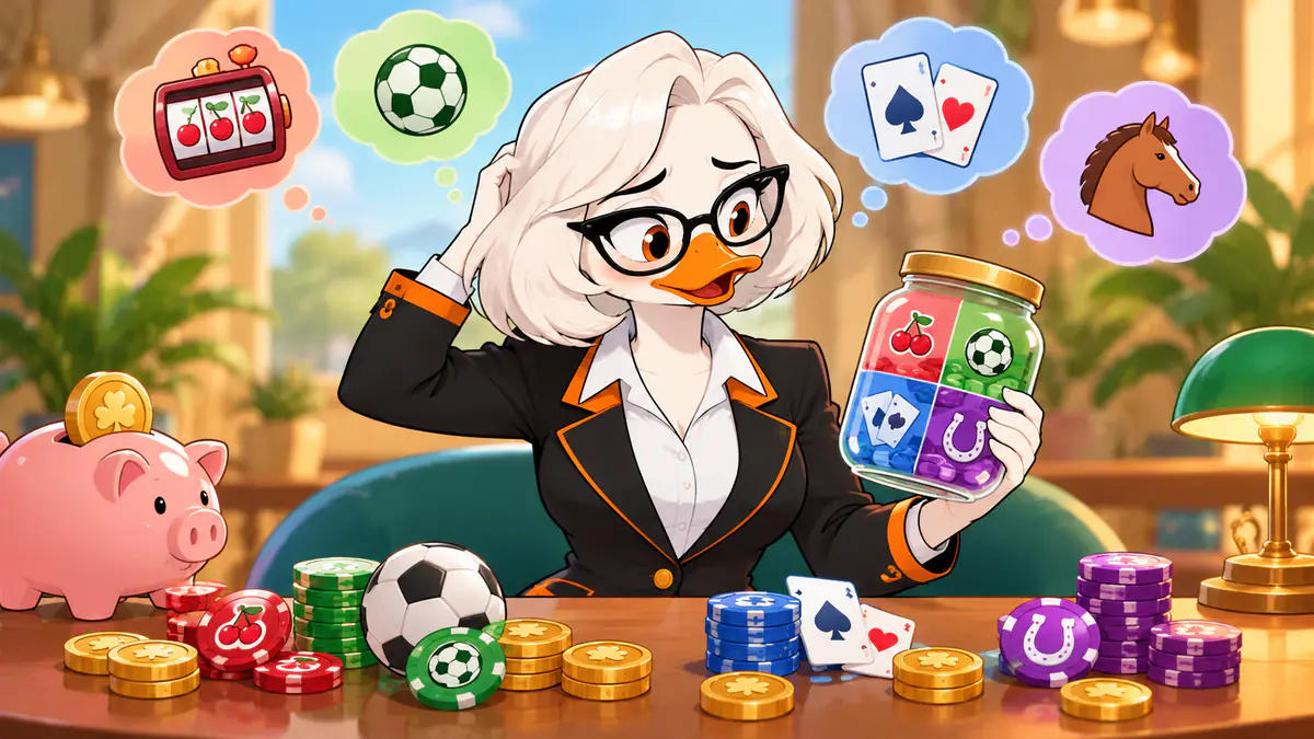 Miss Quackles with a piggy bank, poker chips and a jar of coins split by slots, soccer, cards and horse racing