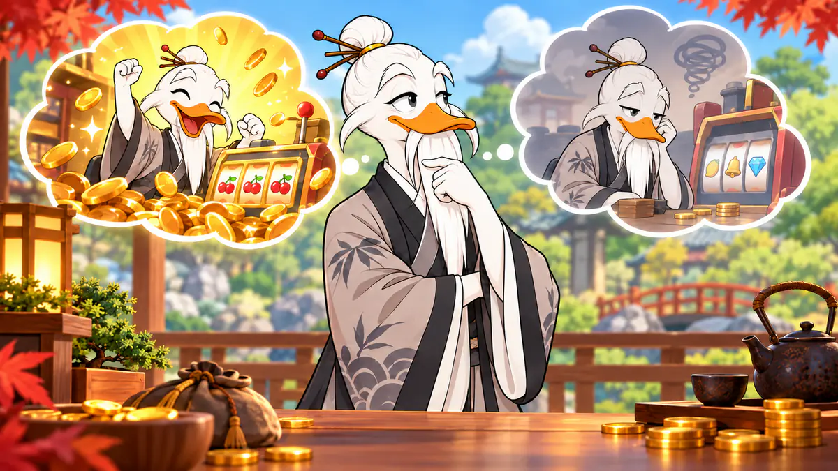 Quackimoto Sensei imagining a big slot machine win on one side and a cold losing streak on the other