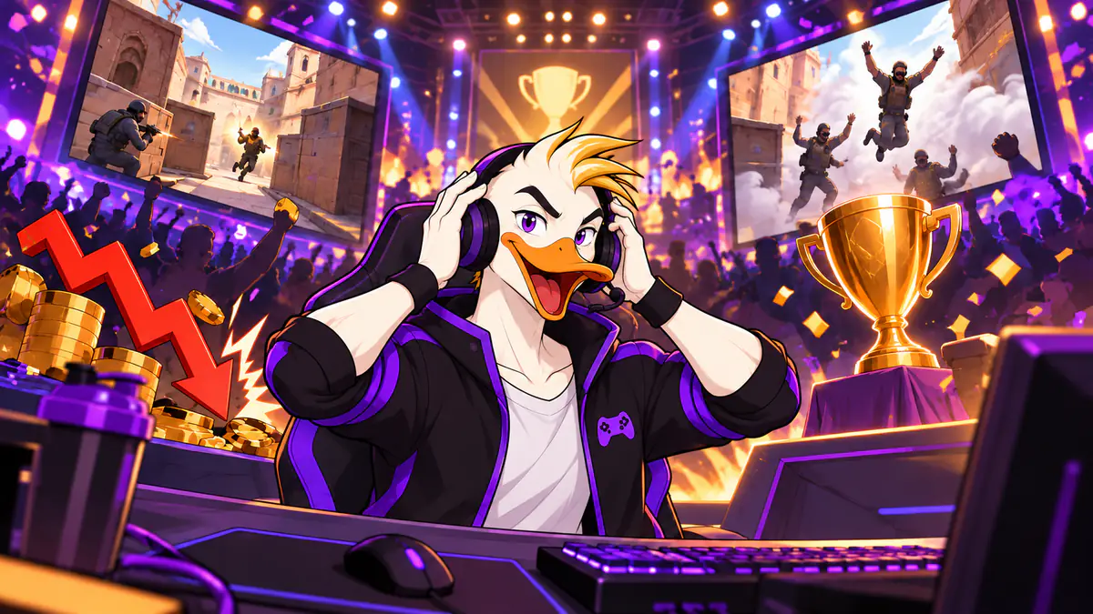 Captain Quackquake clutching his headset in shock at a gaming desk as a red arrow crashes and an underdog lifts the trophy