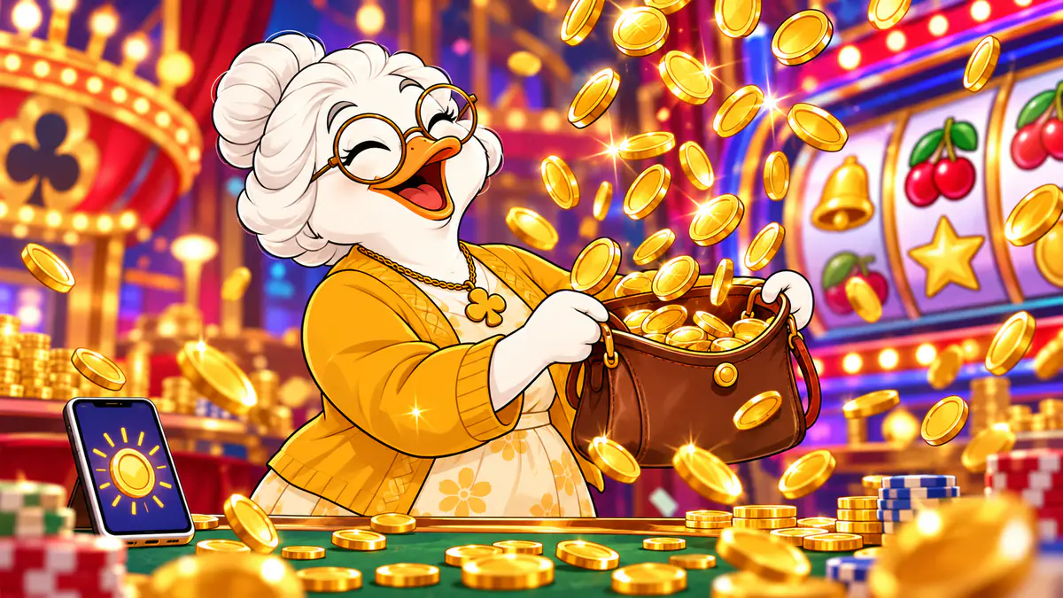 Granny Quackpot catching a shower of gold coins in her handbag in front of slot machines and a phone