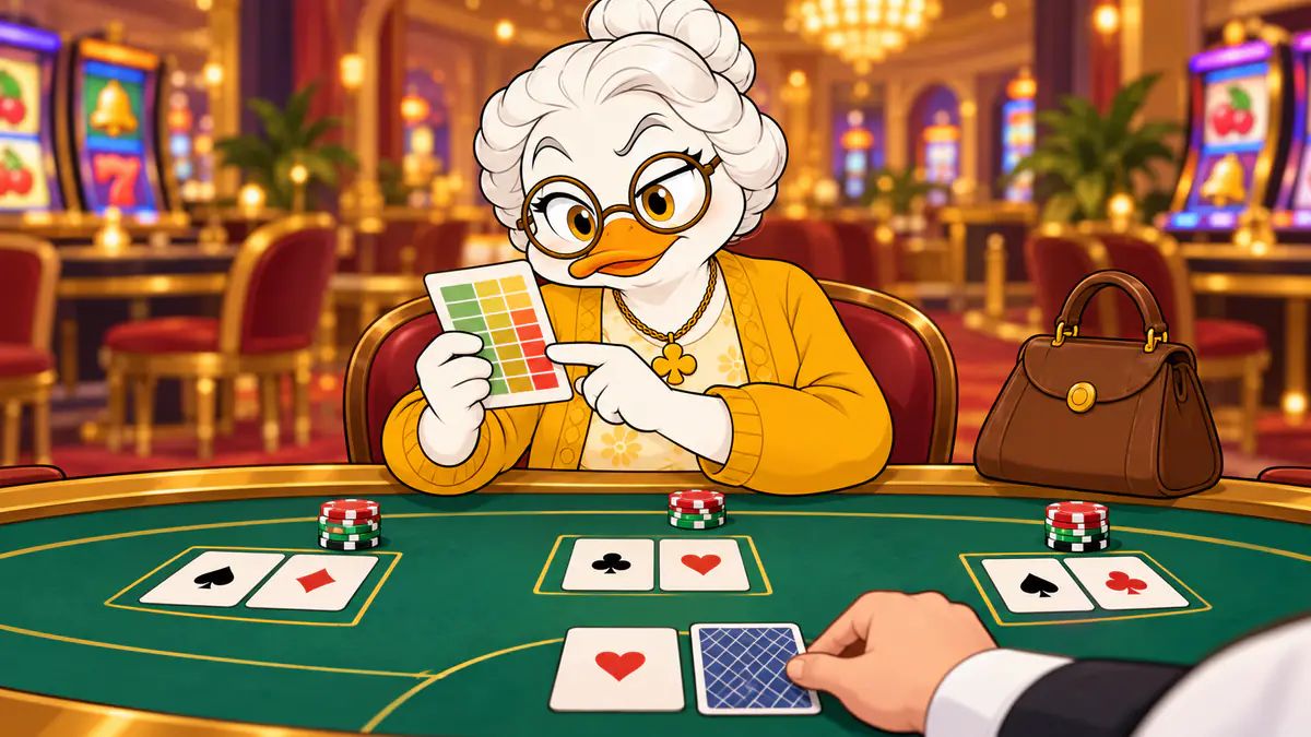 Granny Quackpot at a blackjack table studying a colourful strategy card while the dealer shows one card face down