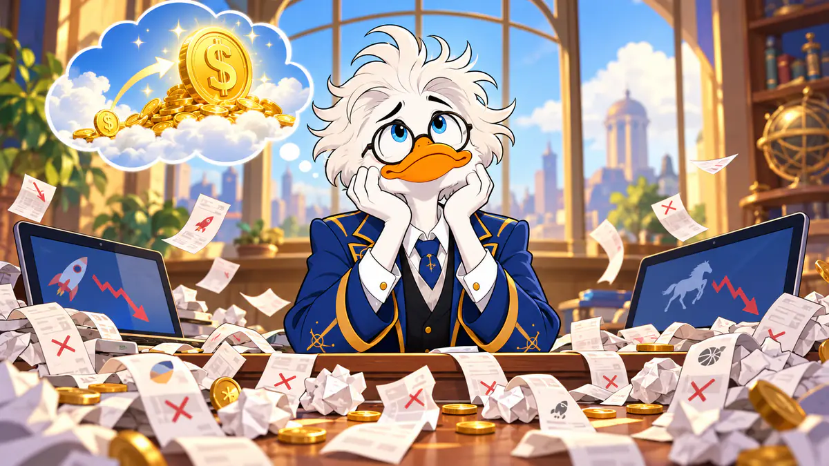 Professor Quackstradamus surrounded by losing betting slips while dreaming of a longshot jackpot cloud