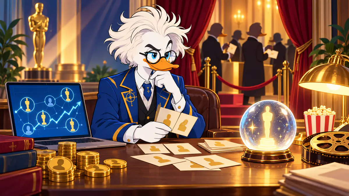 Professor Quackstradamus studying award statuette odds with a crystal ball, popcorn and a film reel