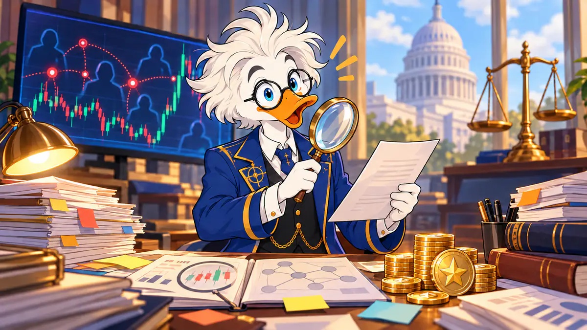 Professor Quackstradamus checking trading records with a magnifying glass in front of a crypto price chart and the Capitol