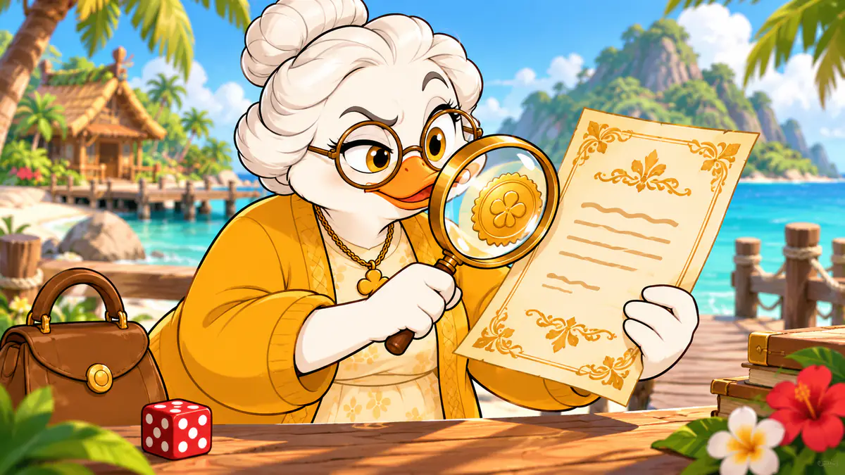 Granny Quackpot inspecting a gold-sealed licence certificate through a magnifying glass on a tropical island pier