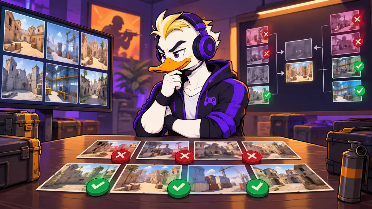 Captain Quackquake studying a CS2 map veto board with maps ticked and crossed off