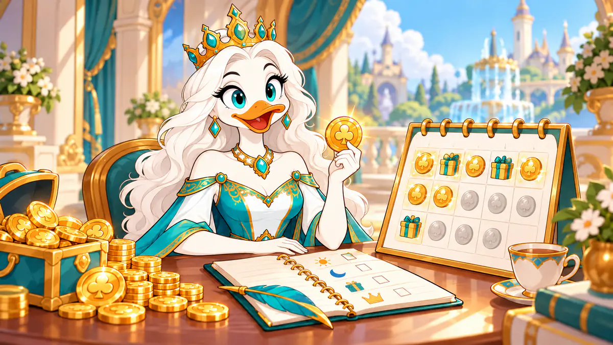 Queen Quacksie holding a gold coin beside a daily rewards calendar and a treasure chest of coins