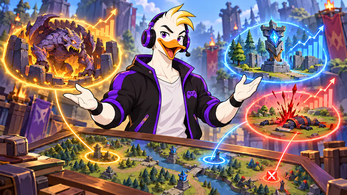 Captain Quackquake presenting a fantasy battle map with glowing objectives: a stone boss, towers and a first blood marker