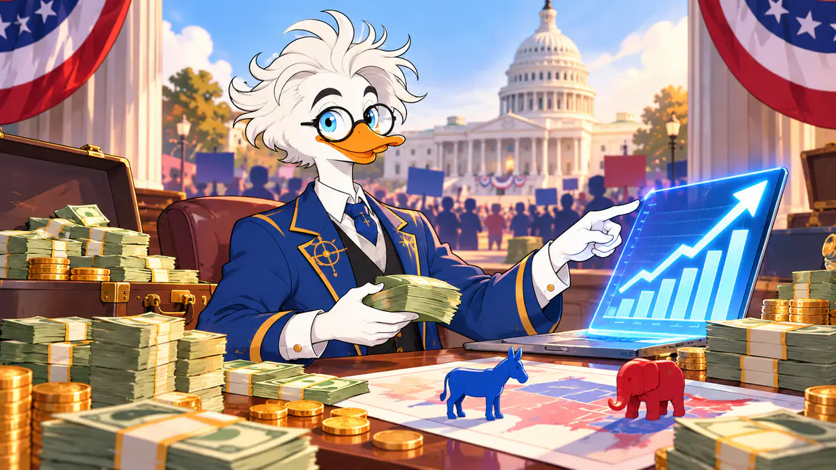 Professor Quackstradamus with stacks of cash and a rising chart in front of the Capitol, donkey and elephant figures on the table