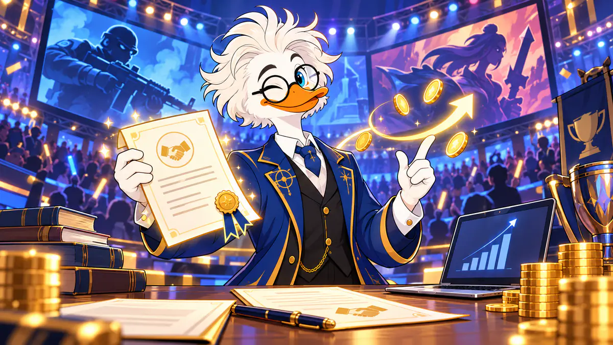 Professor Quackstradamus holding an event contract certificate in an esports arena with trading charts on screen
