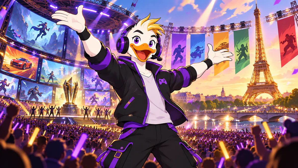 Captain Quackquake celebrating in front of a huge esports festival crowd, screens and stage