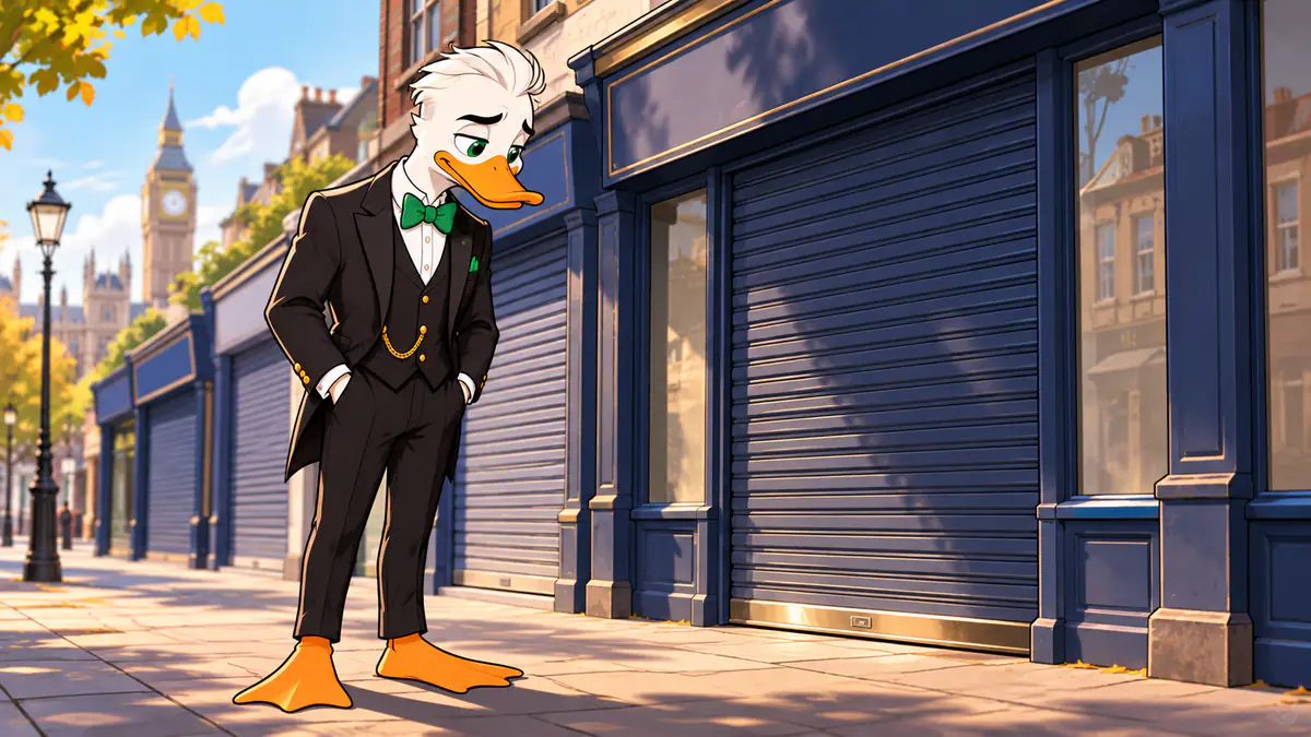 Mr. Quackington outside a row of closed betting shop shutters on a London street with Big Ben behind