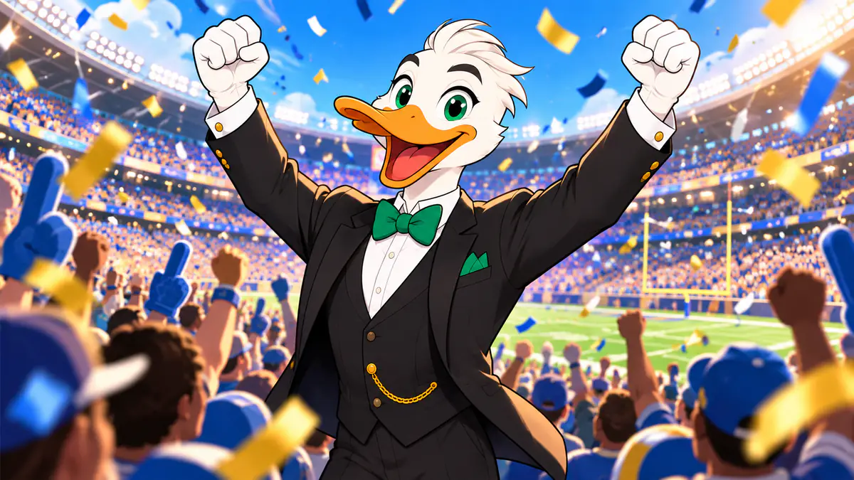 Mr. Quackington cheering with raised fists in a packed American football stadium under falling confetti