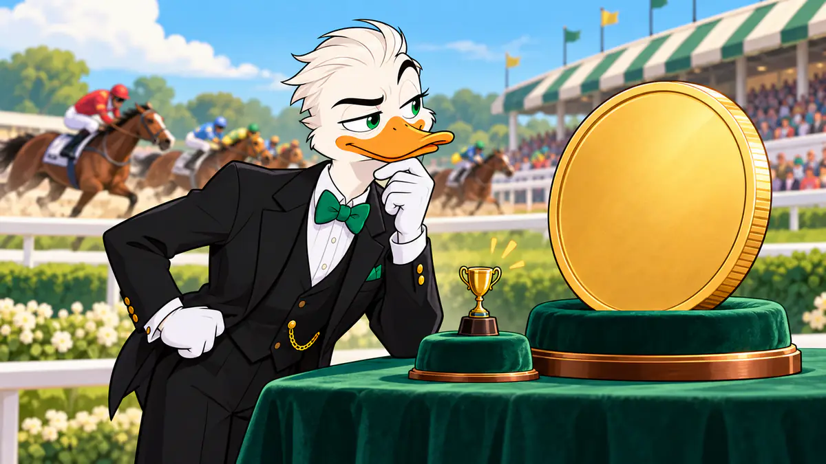 Mr. Quackington eyeing a giant gold coin at a racecourse while horses race past