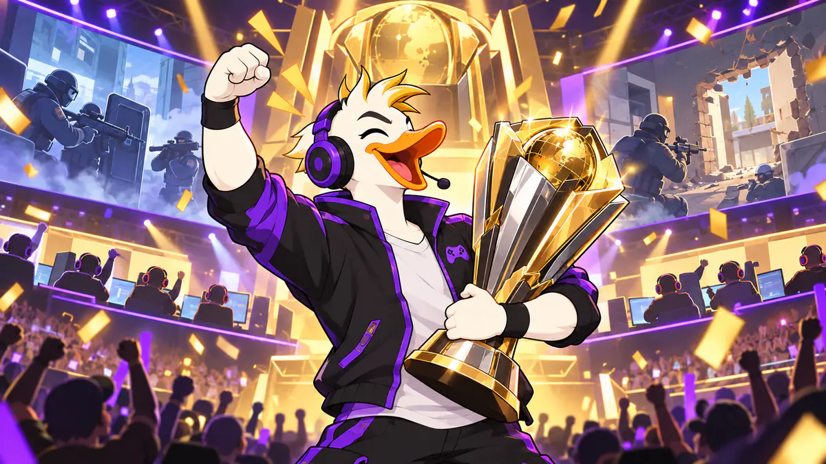 Captain Quackquake lifting a golden trophy in a cheering esports arena