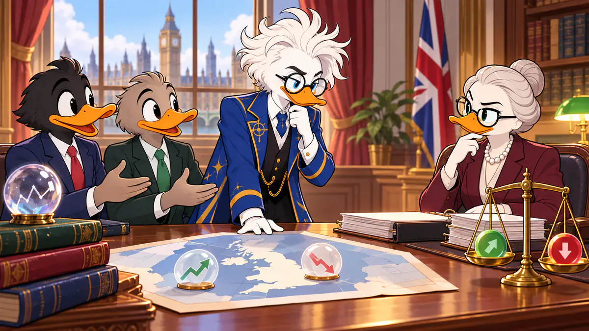Professor Quackstradamus in talks with British officials around a map table, Big Ben and the Union Jack behind