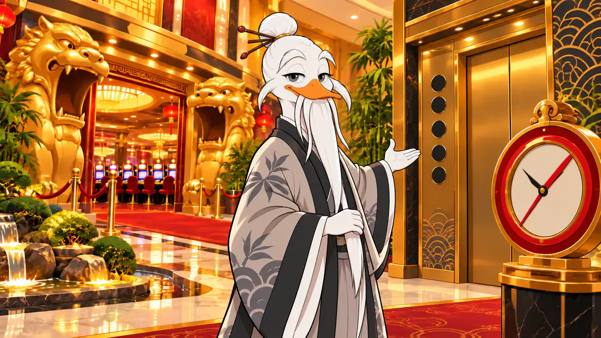 Quackimoto Sensei in a golden casino lobby, gesturing toward a lift next to a red-and-gold clock, with two golden guardian lion statues and a row of slot machines behind him