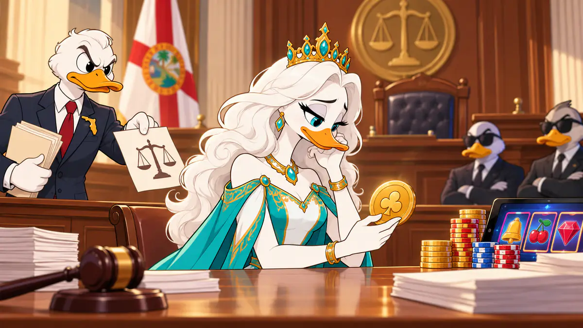 Queen Quacksie in a courtroom facing a Florida official with legal papers, a gavel and sweepstakes coins