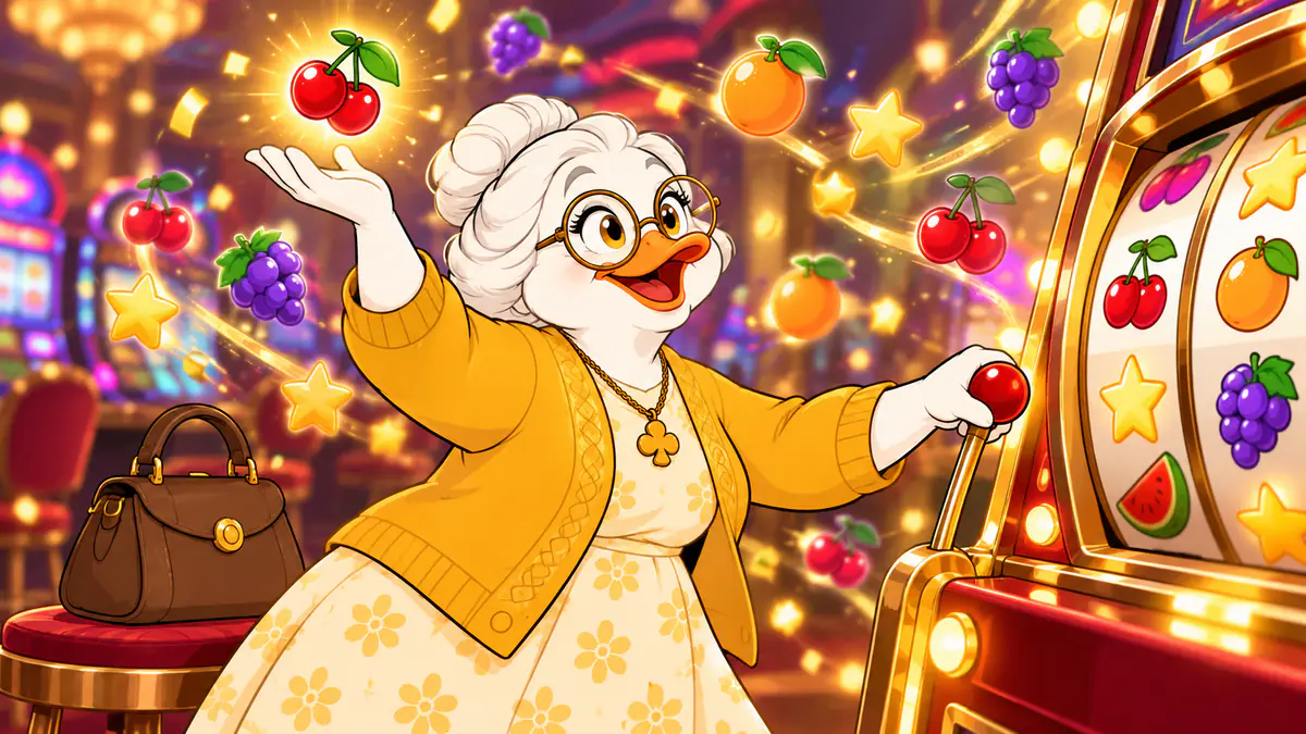 Granny Quackpot pulling a slot machine lever as fruit symbols burst out like confetti