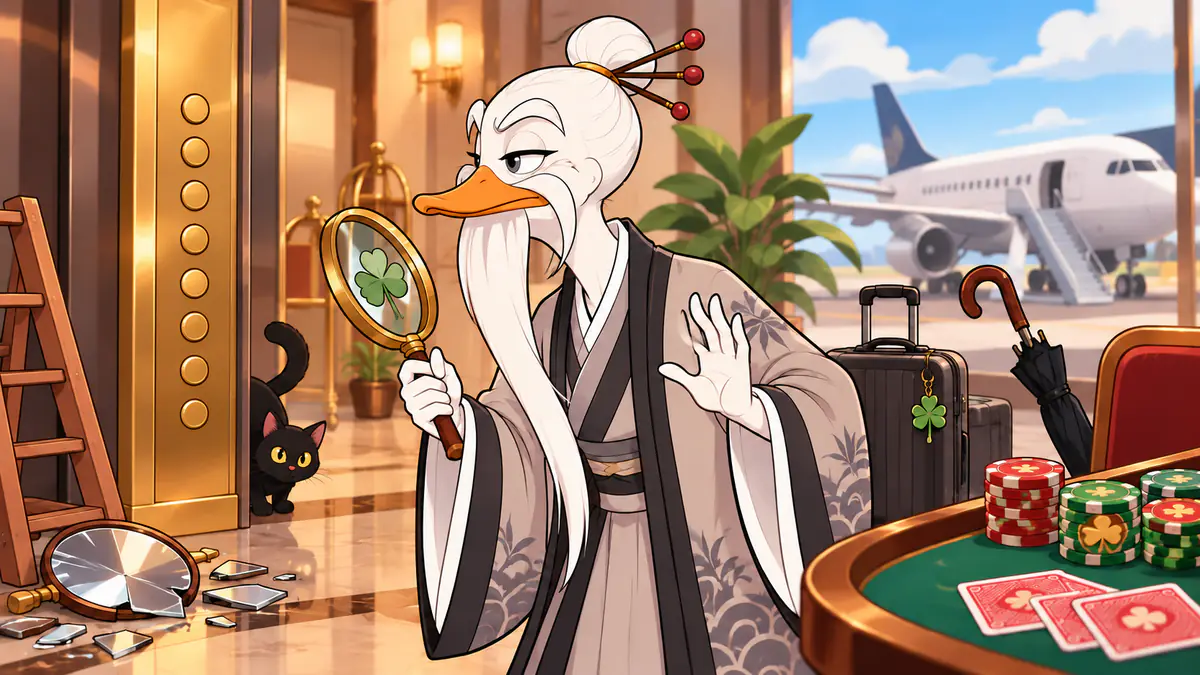 Quackimoto Sensei inspecting a four-leaf clover with a magnifying glass beside a black cat, a ladder, a broken mirror and a missing floor 13