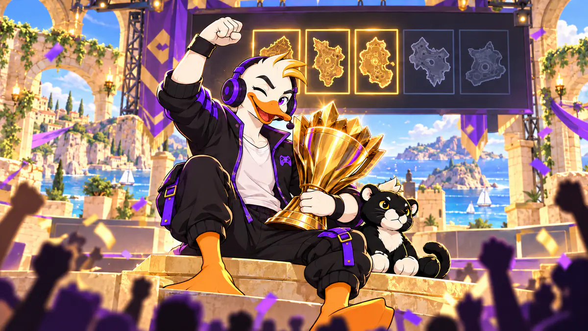 Captain Quackquake winking beside a gold trophy and a black panther plush, with a scoreboard showing three of five maps lit, on a Mediterranean island stage