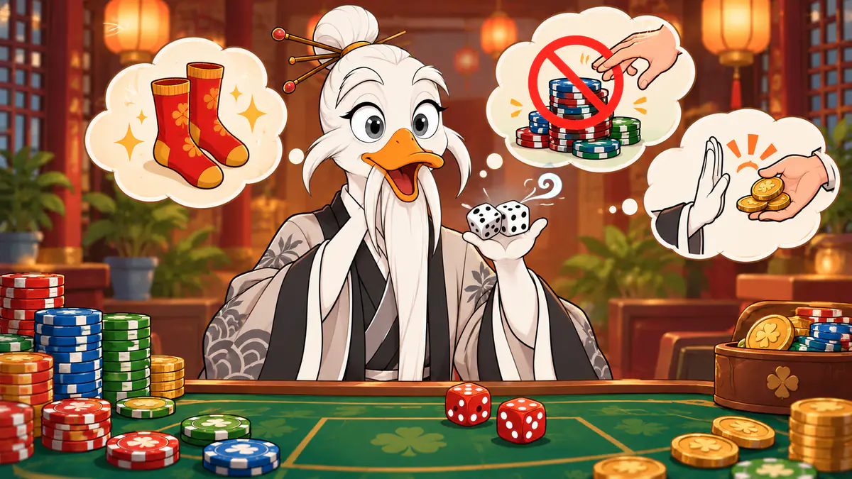 Quackimoto Sensei at a casino table with dice and chips, thinking about lucky socks and other gambling rituals