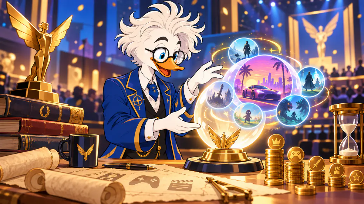Professor Quackstradamus forecasting video game award winners with a glowing crystal ball and a golden trophy