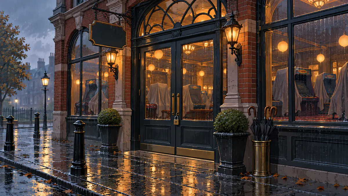 A closed casino building on a rainy British street at night with its lights dimmed