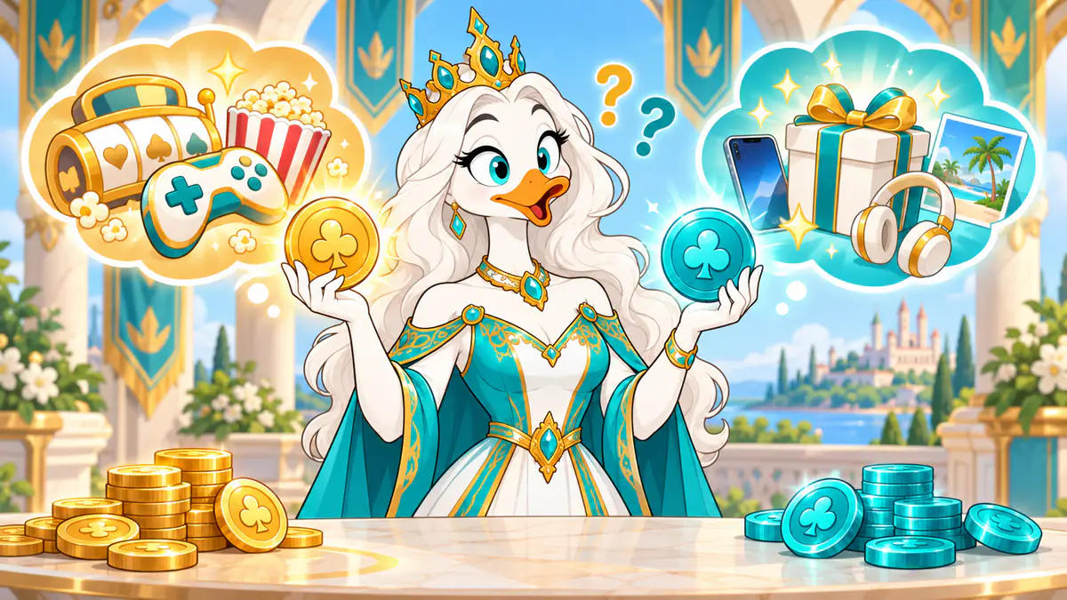 Queen Quacksie holding a gold coin and a teal coin, comparing play-for-fun rewards with redeemable prizes