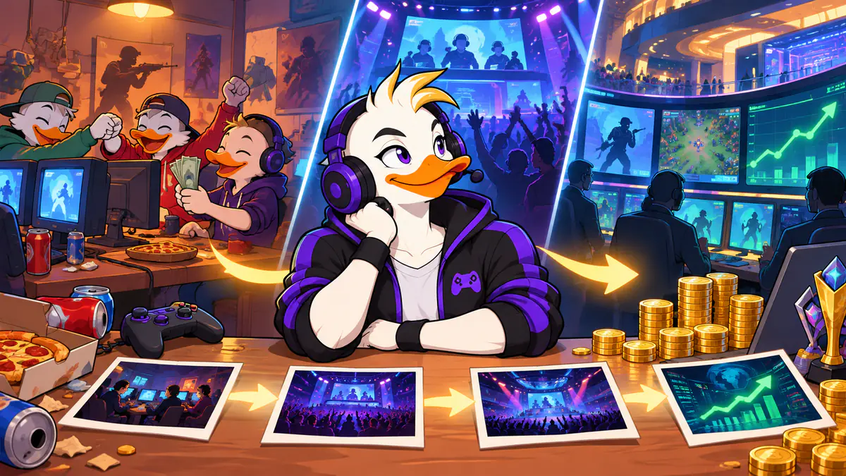 Captain Quackquake at a desk with photos tracing esports betting from LAN parties to big arenas and rising coin stacks