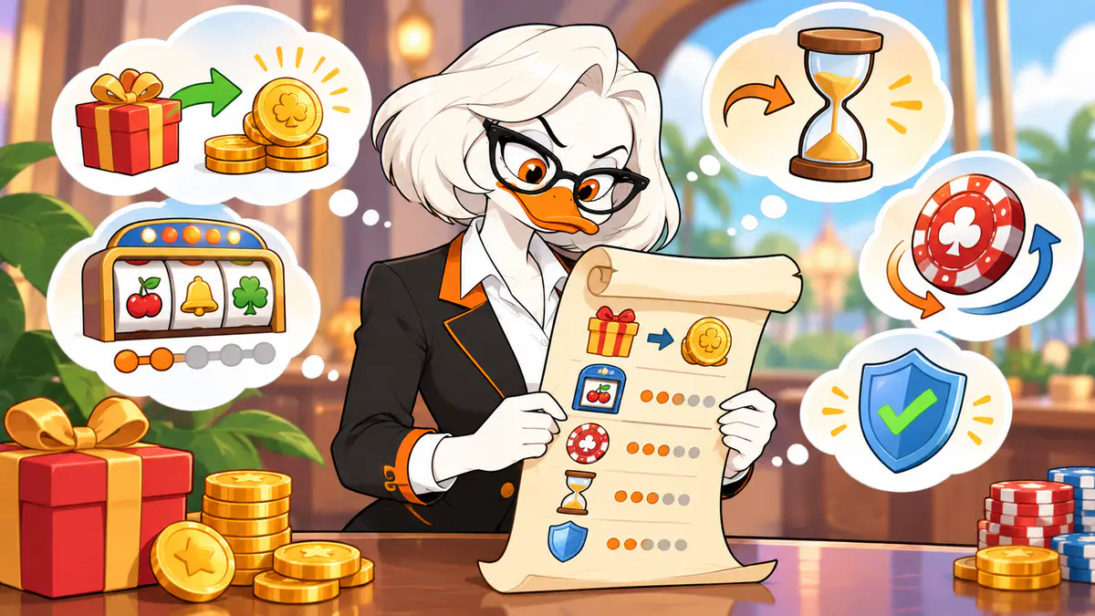 Miss Quackles checking a casino bonus scroll surrounded by a gift box, coins, an hourglass and chips
