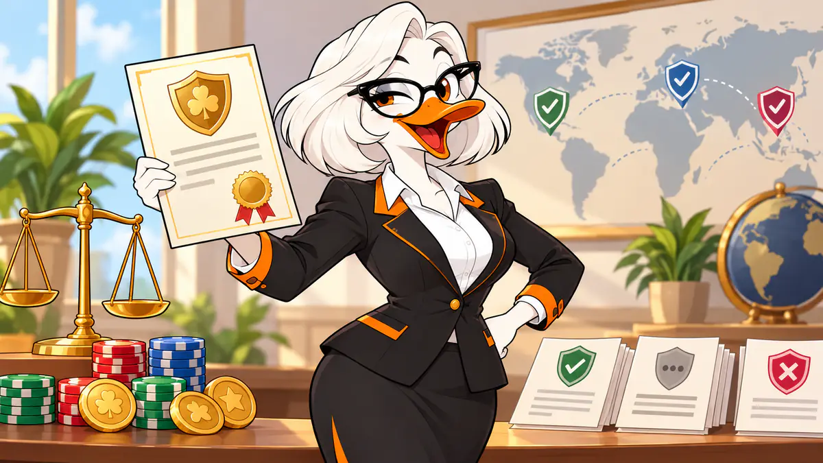 Miss Quackles holding a gambling licence certificate in front of a world map with approved and rejected regulators