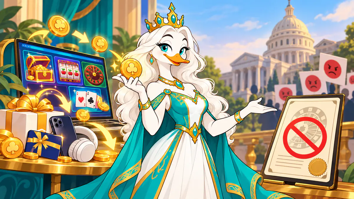 Queen Quacksie presenting a sweepstakes casino laptop with slots, gift boxes, coins and a no-purchase sign