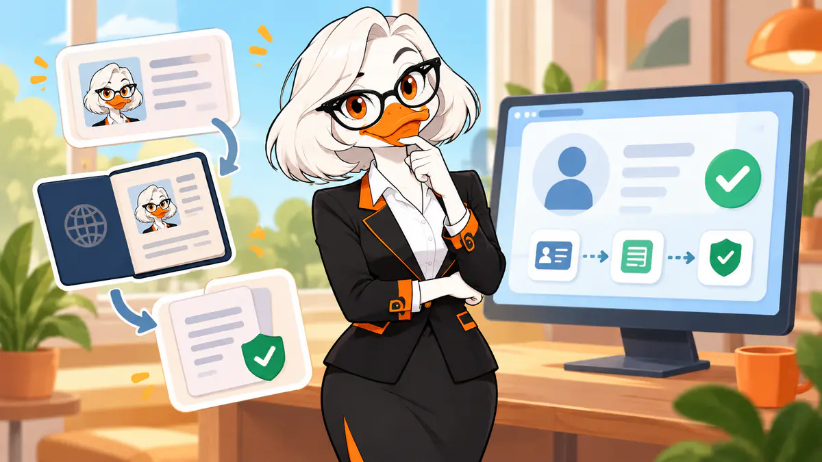Miss Quackles at a computer stepping through an online identity check with ID cards and green ticks