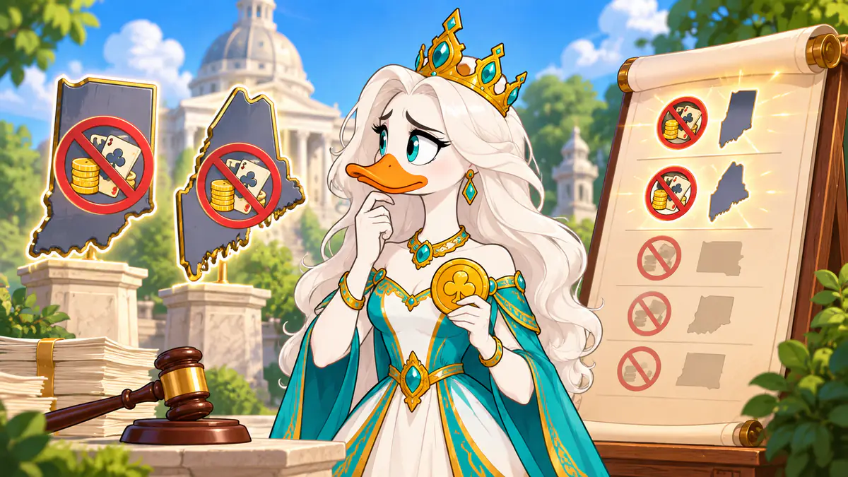 Queen Quacksie looking worried at banned Indiana and Maine state outlines next to a list of crossed-out states