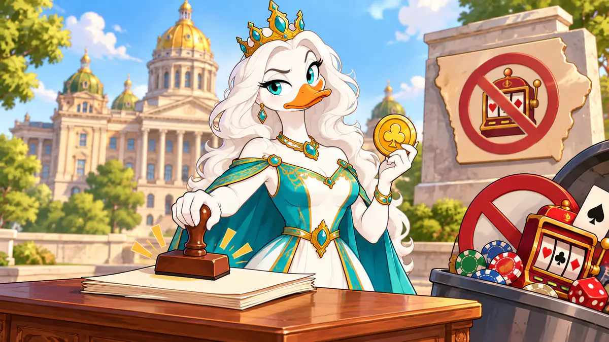 Queen Quacksie stamping a document in front of the Iowa State Capitol beside a crossed-out slot machine