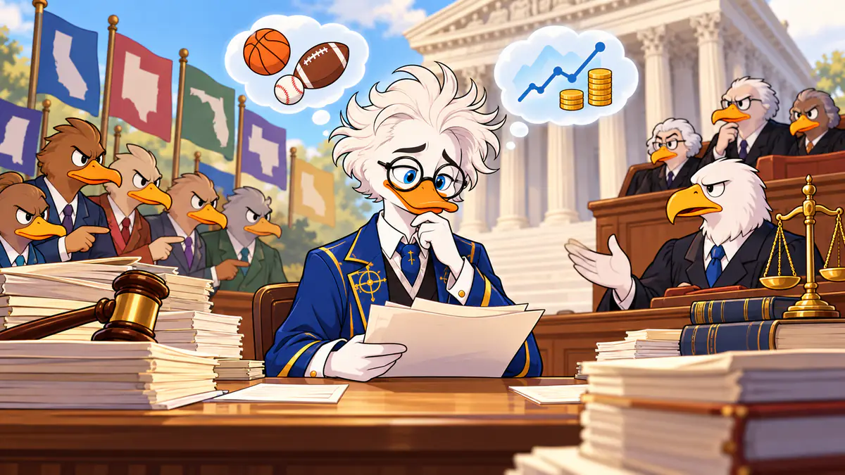 Professor Quackstradamus in a courtroom reading papers while state officials and an eagle judge look on
