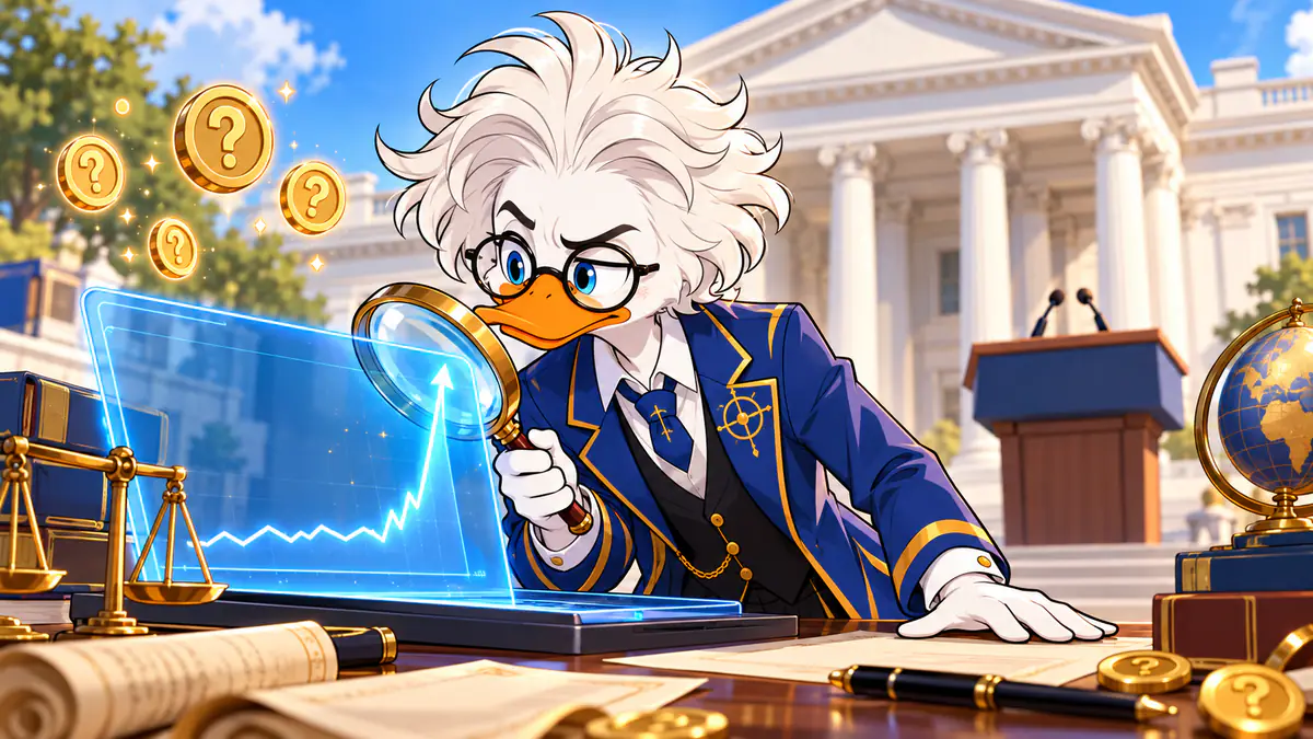 Professor Quackstradamus studying a sudden spike on a trading chart through a magnifying glass, with a press podium and a columned government building behind him