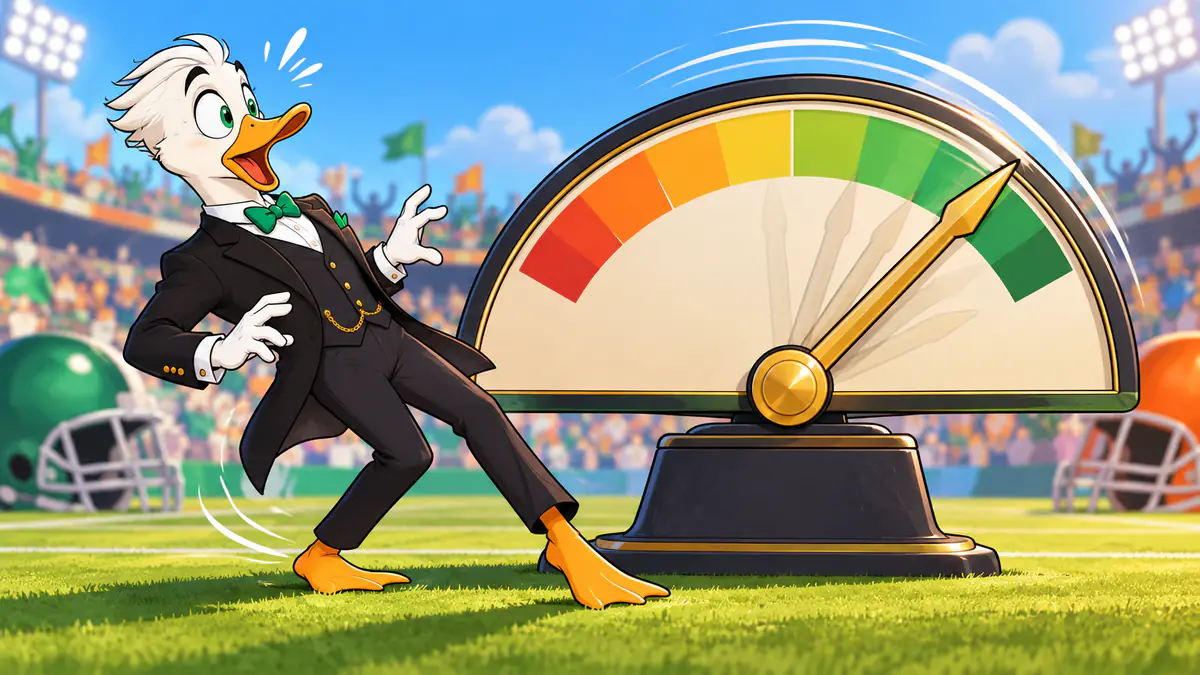 Mr. Quackington jumping back in surprise as a giant odds gauge needle swings on a football field
