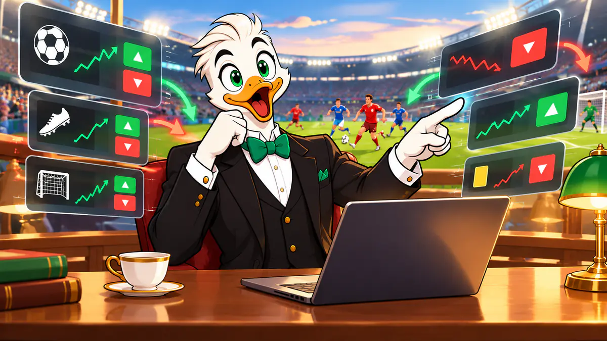 Mr. Quackington at a laptop pointing at live odds moving up and down during a soccer match
