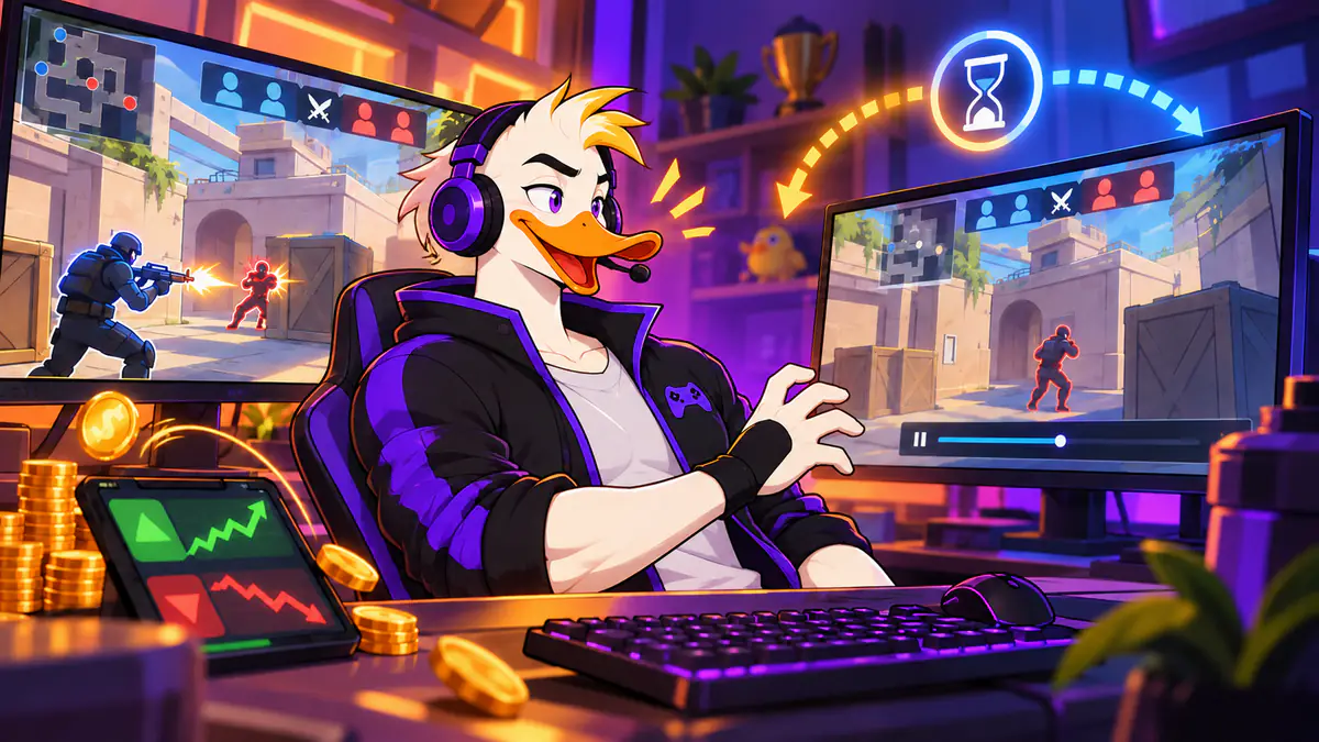 Captain Quackquake placing an in-play bet at his keyboard during a live shooter match on screen