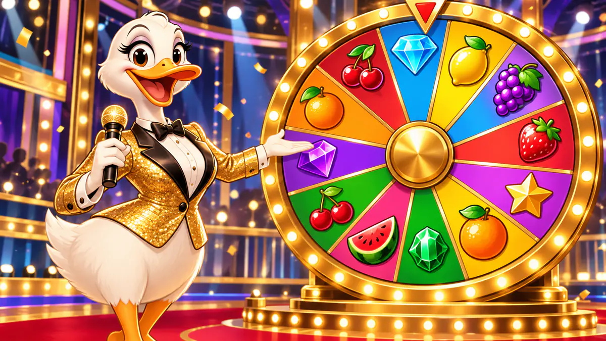 A duck game show host in a gold sequin jacket presenting a giant prize wheel on a lit-up stage