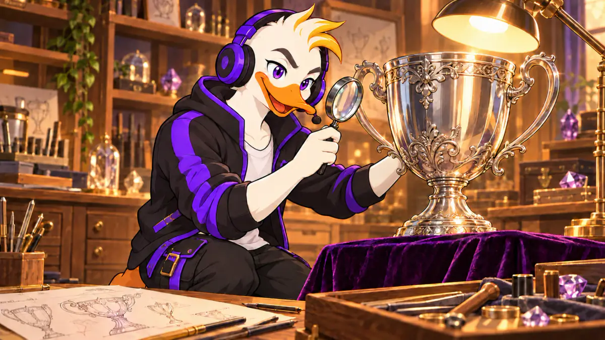 Captain Quackquake inspecting a tall ornate silver cup with a magnifying glass in a jeweller's workshop