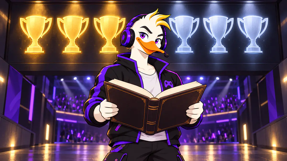 Captain Quackquake holding a record book in front of a wall of six glowing trophy silhouettes