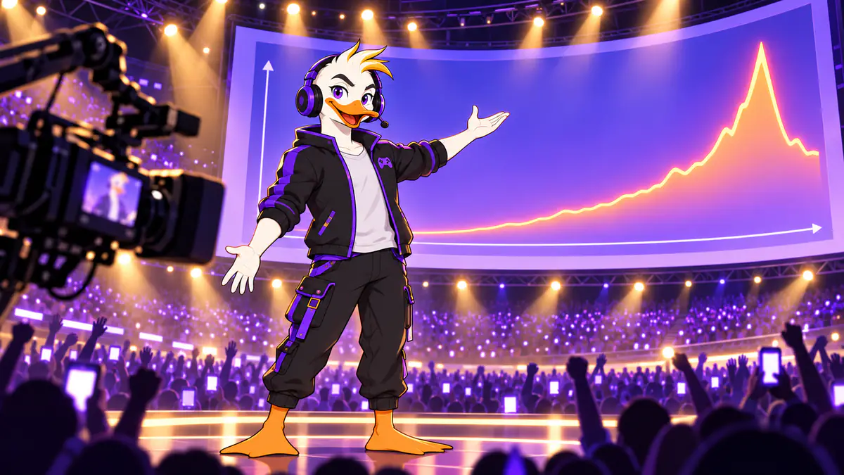Captain Quackquake in front of a huge screen with a rising audience graph and a crowd of glowing screens