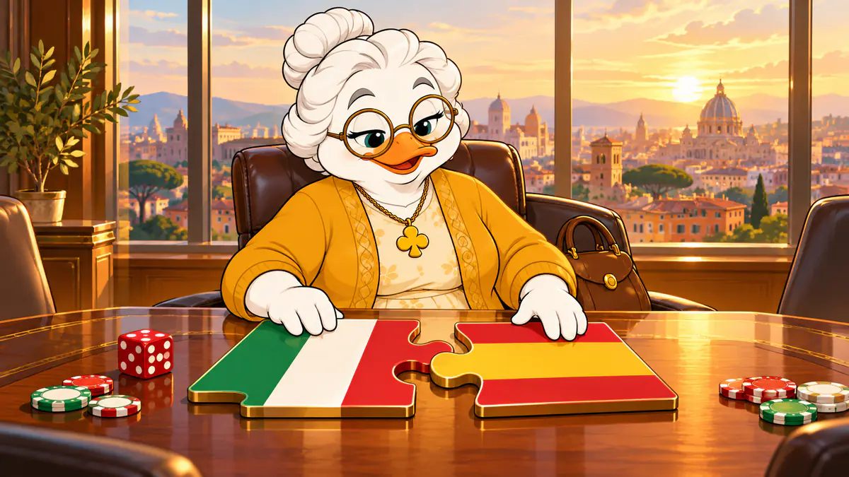 Granny Quackpot at a boardroom table joining two puzzle pieces in Italian and Spanish colours, with casino chips, a red die and Rome at sunset behind her