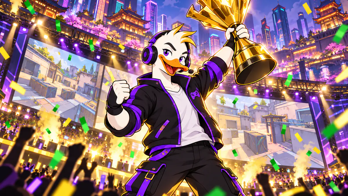 Captain Quackquake raising a gold trophy on an esports stage in a neon Asian city with confetti and giant tactical map screens