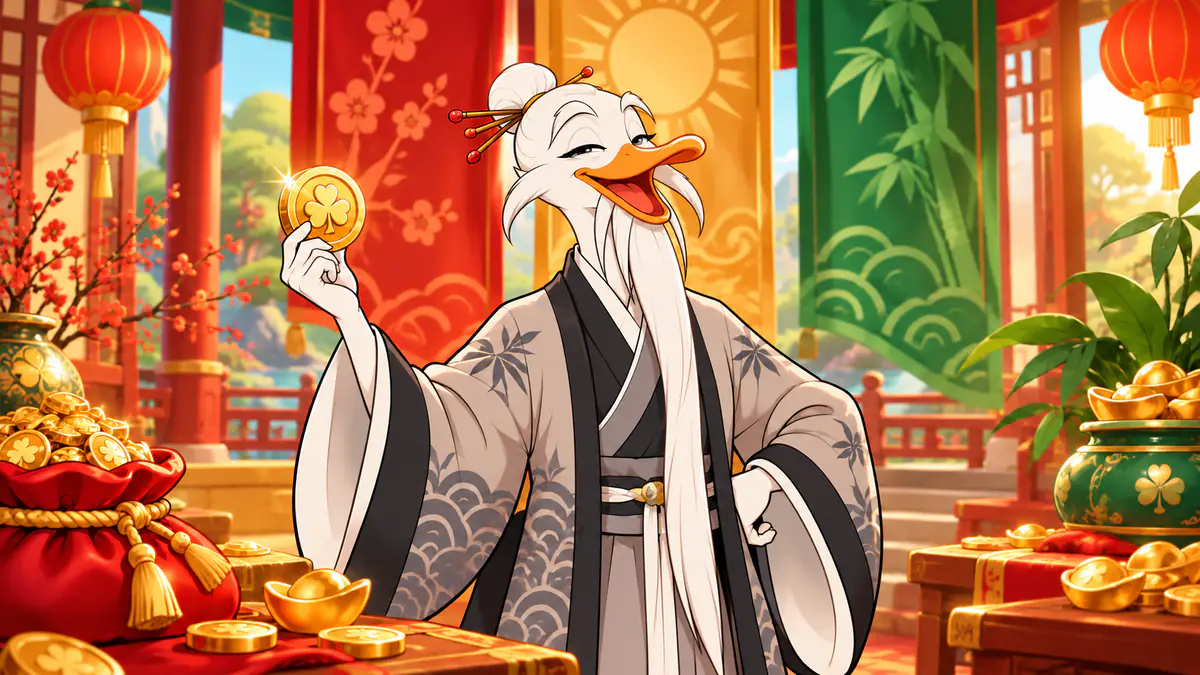 Quackimoto Sensei holding a gold coin among red lanterns, green and gold banners and lucky gifts